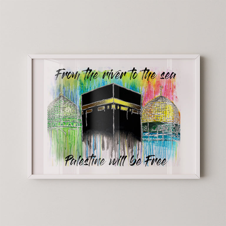 Framed artwork with colorful depiction of religious sites and text on a light gray background