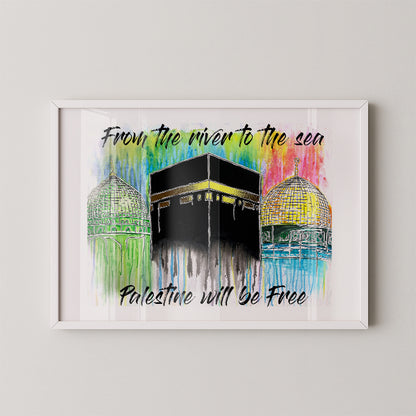 Framed artwork with colorful depiction of religious sites and text on a light gray background
