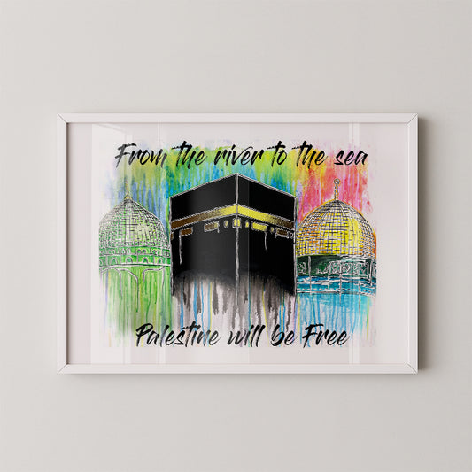 Framed artwork with colorful depiction of religious sites and text on a light gray background