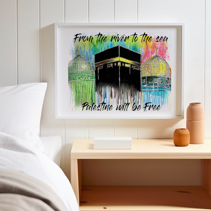 Framed artwork with colorful design and text on a wall above a bed.