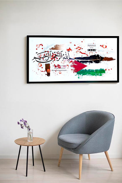 Framed artwork with abstract design and flag on a wall above a gray chair and small table.
